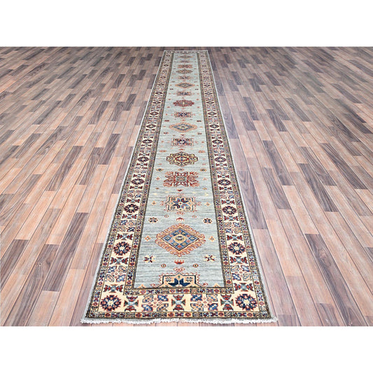 Kazak Wool Hand Knotted Rug Grey Ivory 2.9X15.5 -O0190
