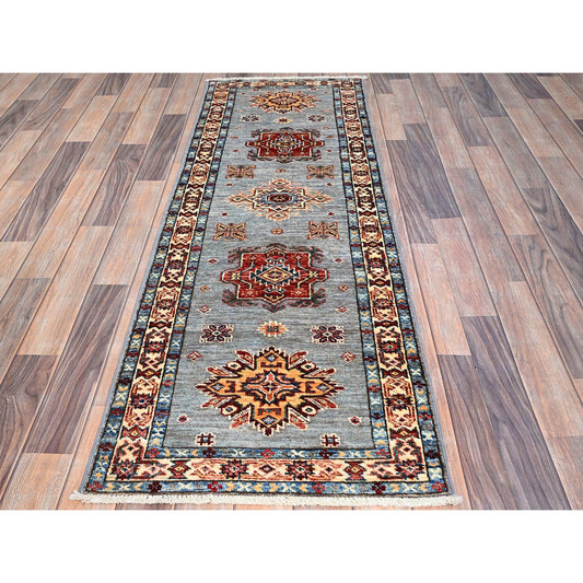 Kazak Wool Hand Knotted Rug Grey Beige 2.0X6.1 -O0198