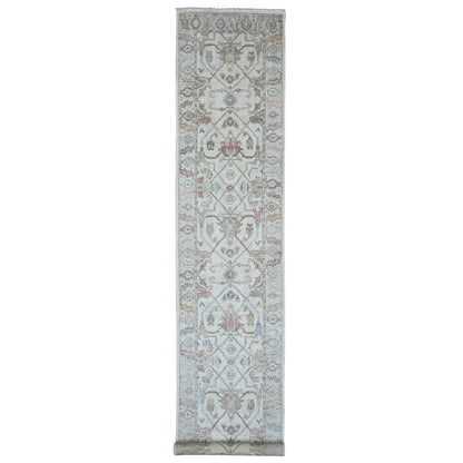 Oushak And Peshawar Wool Hand Knotted Rug Ivory 3.0x15.9 -O020027