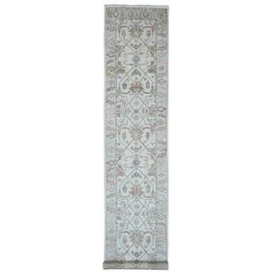 Oushak And Peshawar Wool Hand Knotted Rug Ivory 3.0x15.9 -O020027