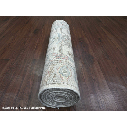 Oushak And Peshawar Wool Hand Knotted Rug Ivory 3.0x15.9 -O020027