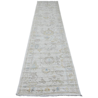 Oushak And Peshawar Wool Hand Knotted Rug Ivory 2.10x12.5 -O020029