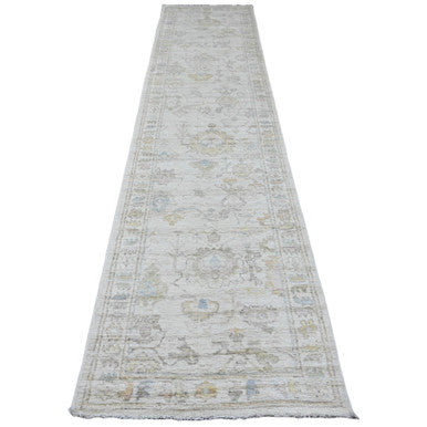 Oushak And Peshawar Wool Hand Knotted Rug Ivory 2.10x12.5 -O020029
