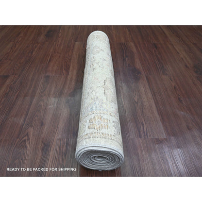 Oushak And Peshawar Wool Hand Knotted Rug Ivory 2.10x12.5 -O020029