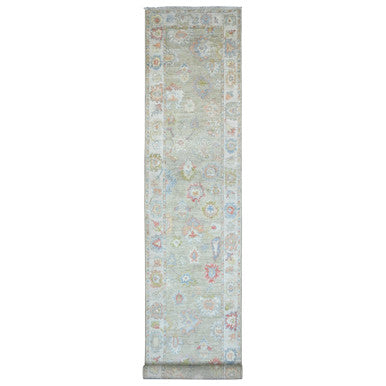 Oushak And Peshawar Wool Hand Knotted Rug Green 3.0x19.10 -O020031