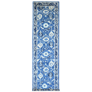 Oushak And Peshawar Wool Hand Knotted Rug Blue 3.11x15.7 -O020071