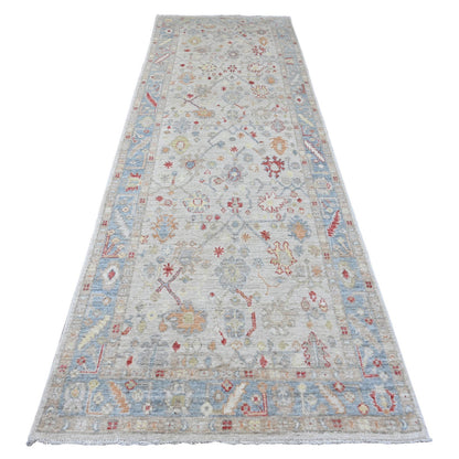 Oushak And Peshawar Wool Hand Knotted Rug Ivory 3.11x12.3 -O020077