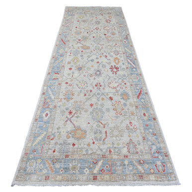 Oushak And Peshawar Wool Hand Knotted Rug Ivory 3.11x12.3 -O020077