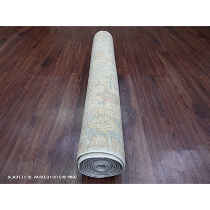 Oushak And Peshawar Wool Hand Knotted Rug Ivory 3.11x12.3 -O020077