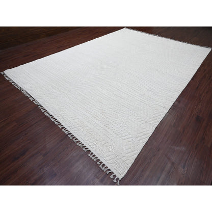 Tribal & Geometric Wool Hand Knotted Rug Ivory 9.10x14.1 -O020080