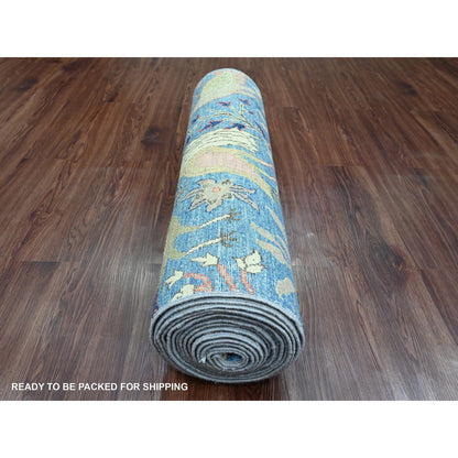 Oushak And Peshawar Wool Hand Knotted Rug Blue 3.0x21.3 -O020107