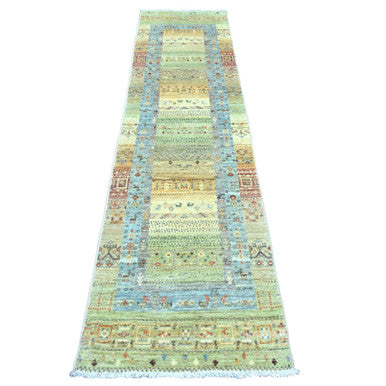 Tribal & Geometric Wool Hand Knotted Rug Green 2.5x9.9 -O020116