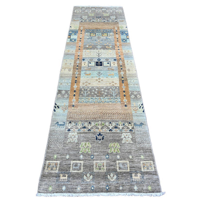 Tribal & Geometric Wool Hand Knotted Rug Grey 2.8x9.7 -O020117