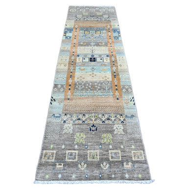 Tribal & Geometric Wool Hand Knotted Rug Grey 2.8x9.7 -O020117