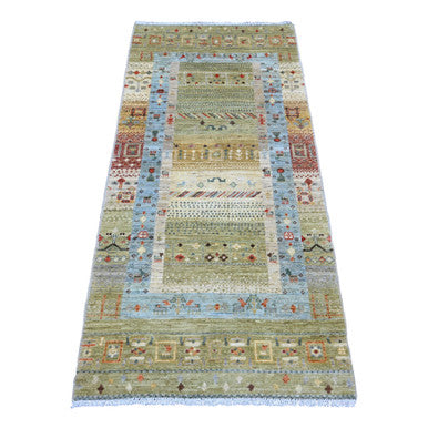 Tribal & Geometric Wool Hand Knotted Rug Green 2.9x5.10 -O020119
