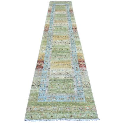 Tribal & Geometric Wool Hand Knotted Rug Green 2.8x14.8 -O020122