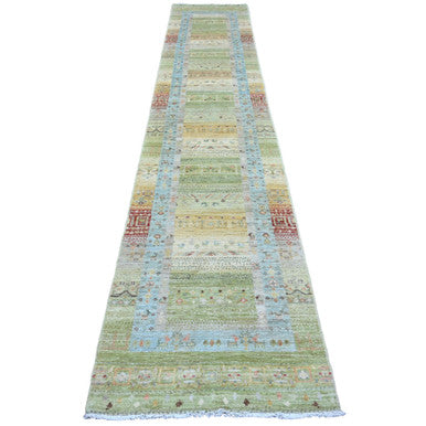 Tribal & Geometric Wool Hand Knotted Rug Green 2.8x14.8 -O020122