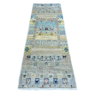 Tribal & Geometric Wool Hand Knotted Rug Grey 2.8x7.7 -O020124
