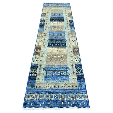Tribal & Geometric Wool Hand Knotted Rug Blue 2.6x9.8 -O020125