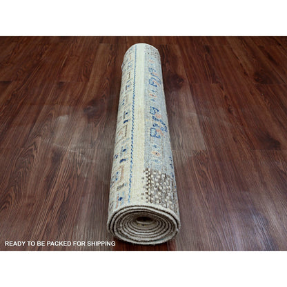 Tribal & Geometric Wool Hand Knotted Rug Ivory 2.10x9.7 -O020126