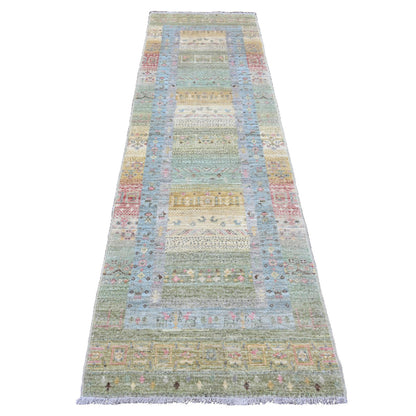 Tribal & Geometric Wool Hand Knotted Rug Green 2.9x9.7 -O020127