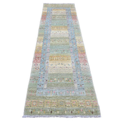 Tribal & Geometric Wool Hand Knotted Rug Green 2.9x9.7 -O020127