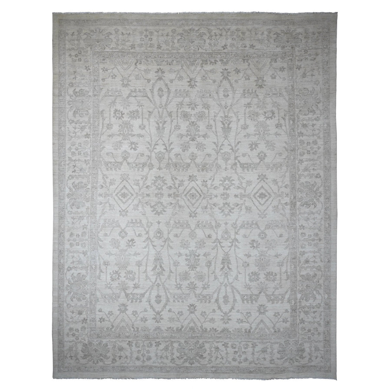 Oushak And Peshawar Wool Hand Knotted Rug Ivory 11.7x14.10 -O020179