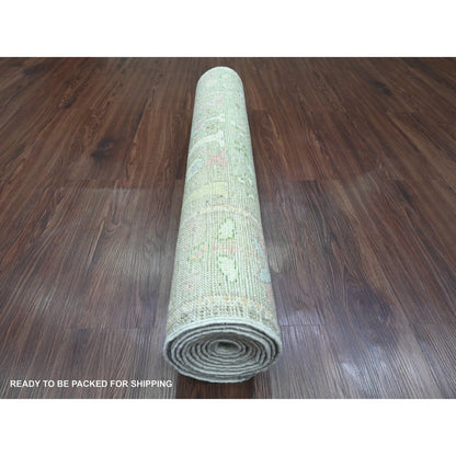 Oushak And Peshawar Wool Hand Knotted Rug Green 3.2x9.9 -O020216