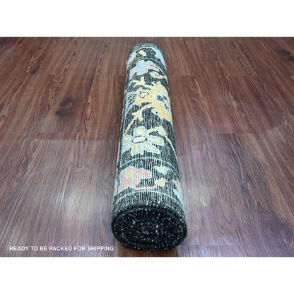 Oushak And Peshawar Wool Hand Knotted Rug Black 3.0x9.9 -O020220