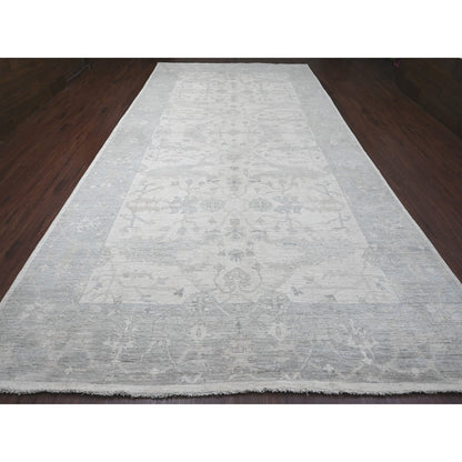 Oushak And Peshawar Wool Hand Knotted Rug Ivory 8.10x17.4 -O020264