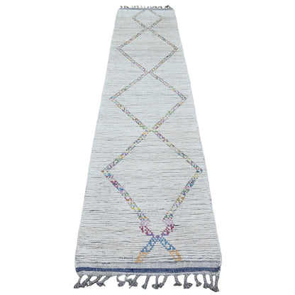 Tribal & Geometric Wool Hand Knotted Rug Ivory 2.4x10.7 -O020283
