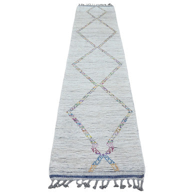 Tribal & Geometric Wool Hand Knotted Rug Ivory 2.4x10.7 -O020283