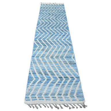 Tribal & Geometric Wool Hand Knotted Rug Blue 2.5x10.6 -O020287