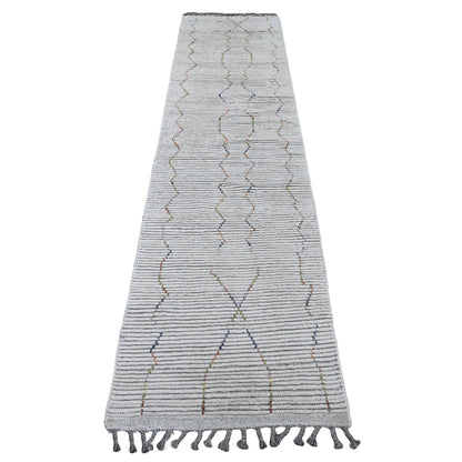 Tribal & Geometric Wool Hand Knotted Rug Ivory 2.6x10.6 -O020288