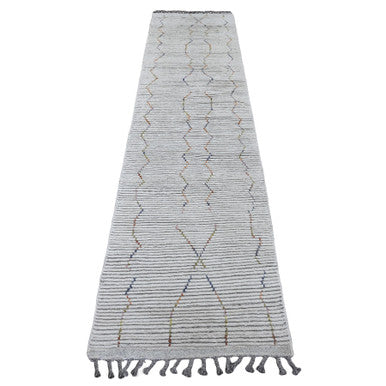 Tribal & Geometric Wool Hand Knotted Rug Ivory 2.6x10.6 -O020288