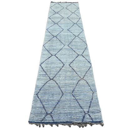 Tribal & Geometric Wool Hand Knotted Rug Blue 2.5x10.3 -O020291