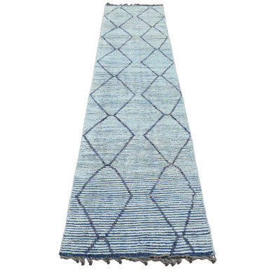 Tribal & Geometric Wool Hand Knotted Rug Blue 2.5x10.3 -O020291