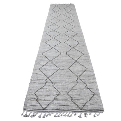 Tribal & Geometric Wool Hand Knotted Rug Ivory 3.3x15.5 -O020292