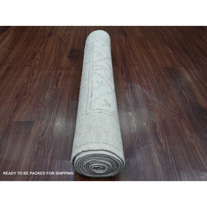 Oushak And Peshawar Wool Hand Knotted Rug Ivory 3.0x9.5 -O020296