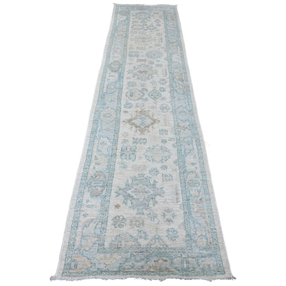 Oushak And Peshawar Wool Hand Knotted Rug Ivory 2.8x11.4 -O020300