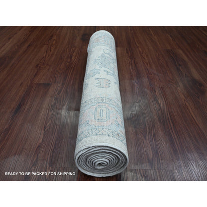 Oushak And Peshawar Wool Hand Knotted Rug Ivory 2.8x11.4 -O020300