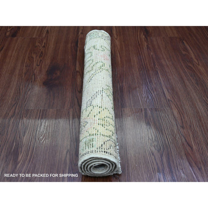 Oushak And Peshawar Wool Hand Knotted Rug Ivory 1.11x3.0 -O020328