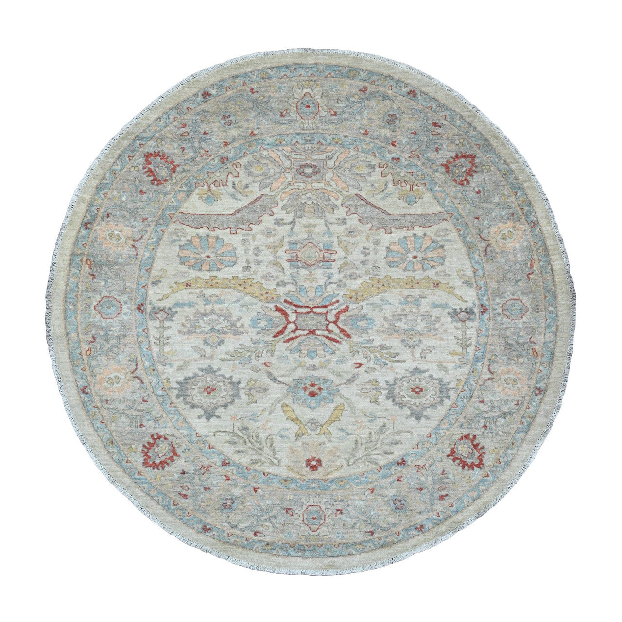 Oushak And Peshawar Wool Hand Knotted Rug Ivory 5.10x5.11 -O020343