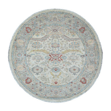 Oushak And Peshawar Wool Hand Knotted Rug Ivory 5.10x5.11 -O020343