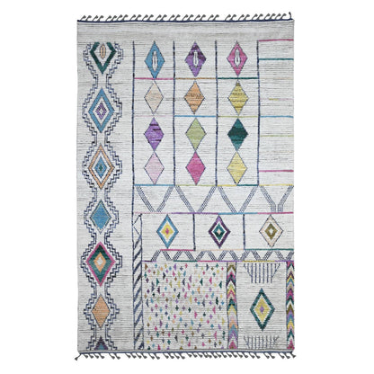 Tribal & Geometric Wool Hand Knotted Rug Ivory 5.5x8.6 -O020345