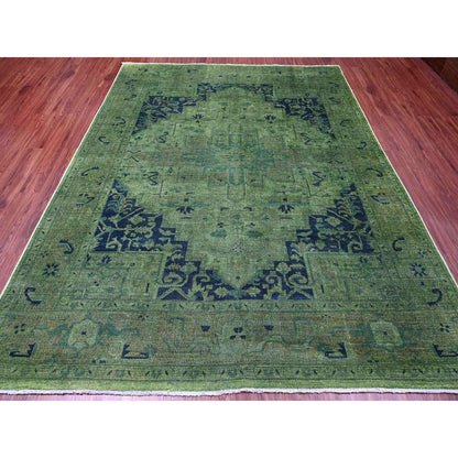 Overdyed & Vintage Wool Hand Knotted Rug Green 7.9x9.8 -O020371