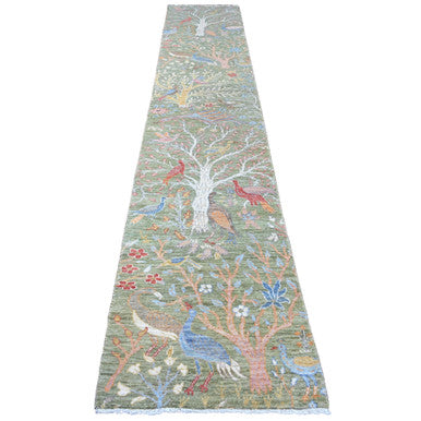 Oushak And Peshawar Wool Hand Knotted Rug Green 2.7x15.1 -O020433