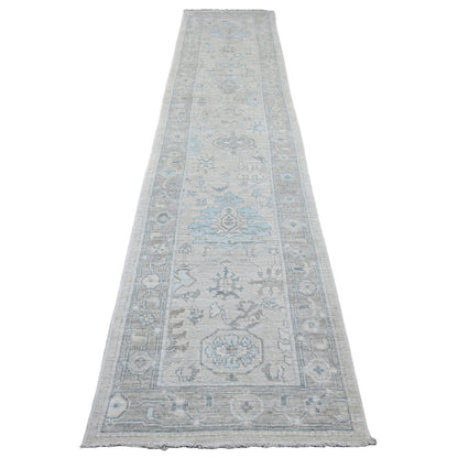 Oushak And Peshawar Wool Hand Knotted Rug Ivory 2.10x13.7 -O020473