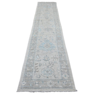 Oushak And Peshawar Wool Hand Knotted Rug Ivory 2.10x13.7 -O020473