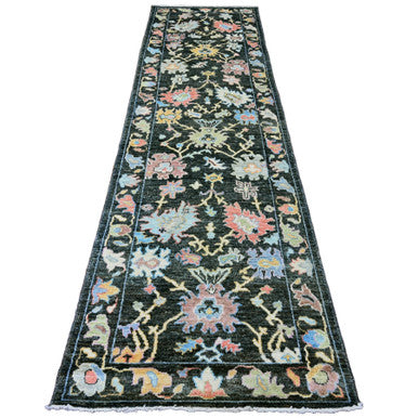 Oushak And Peshawar Wool Hand Knotted Rug Black 3.3x11.6 -O020474